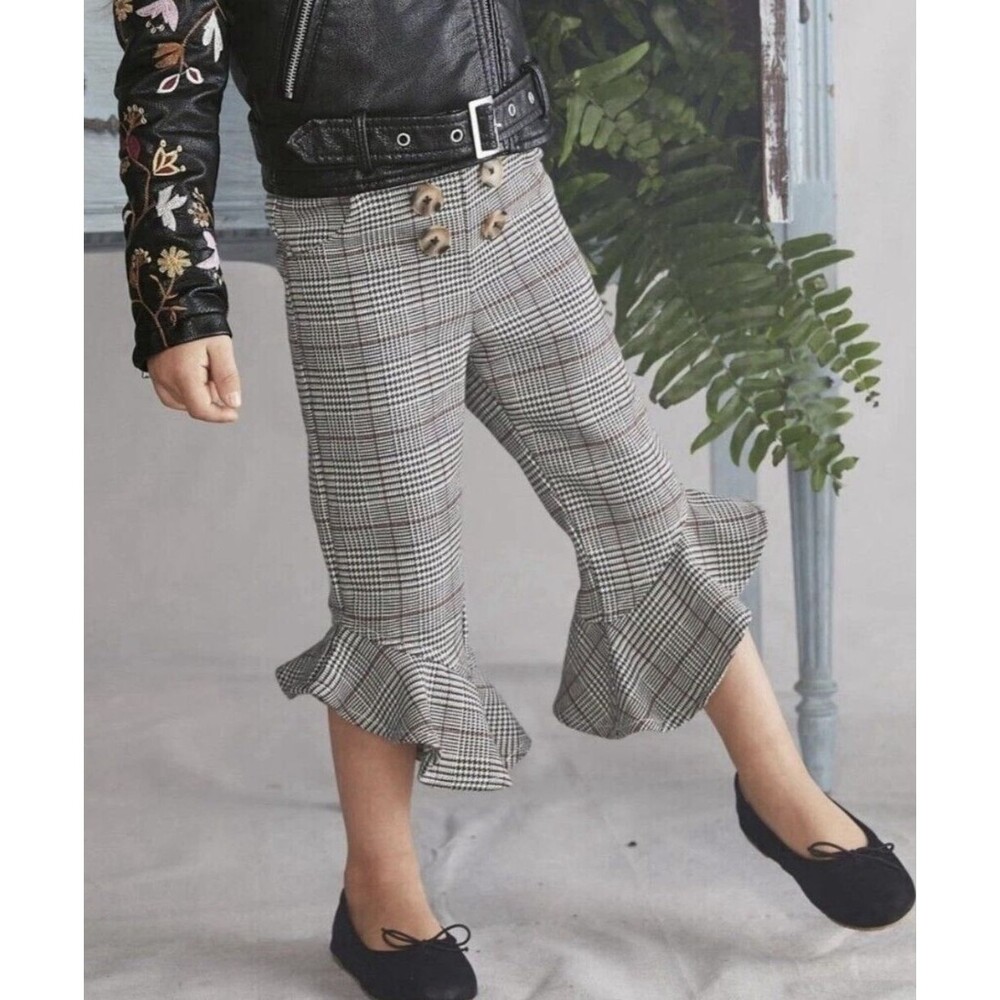 NWT's Hanna Banana By Sara Sara Houndstooth Cropped Ruffle Hem Pants Girls 7